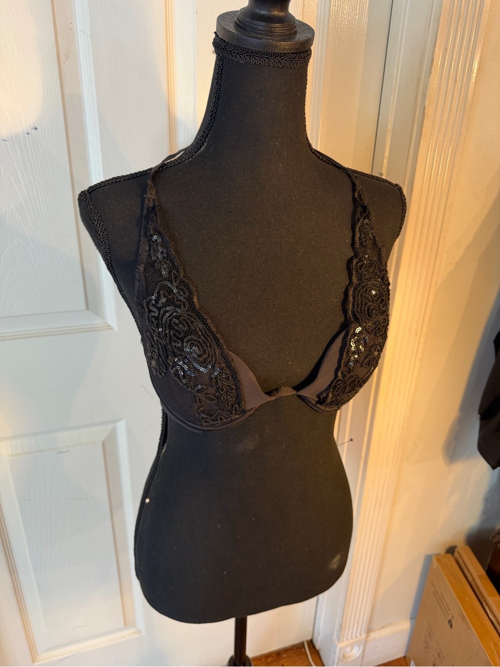 vintage Victoria's Secret Black Lace  Bra with rhinestone back detail